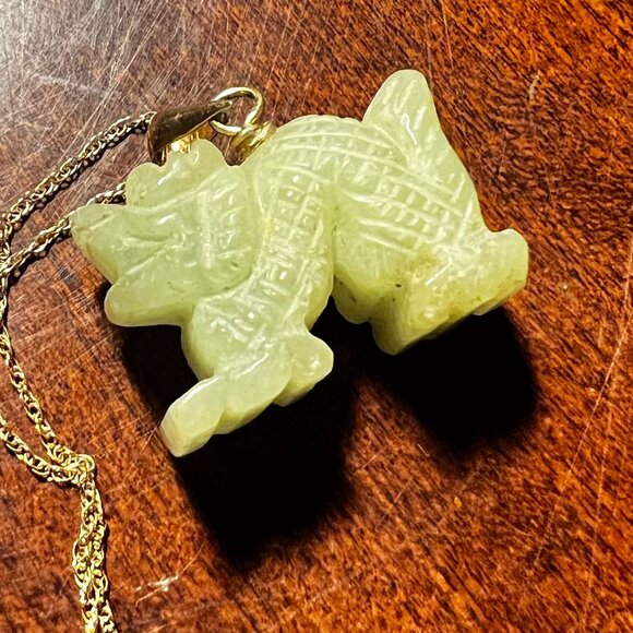 Carved Jade Dragon Pendant Necklace On 14K Gold Chain Unique Elegant  Jewelry - Picture 9 of 11